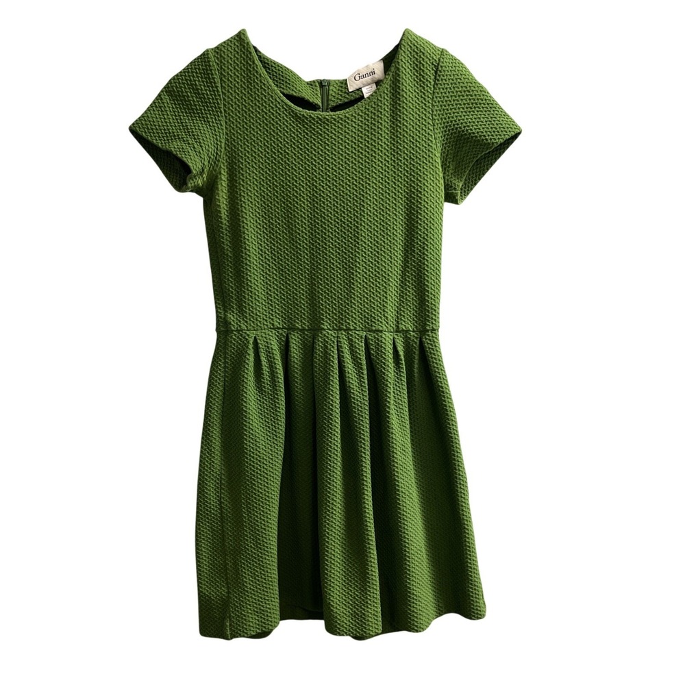 Ganni Dress Green Textured Pleated A Line Knee Length Womens M Preppy Spring